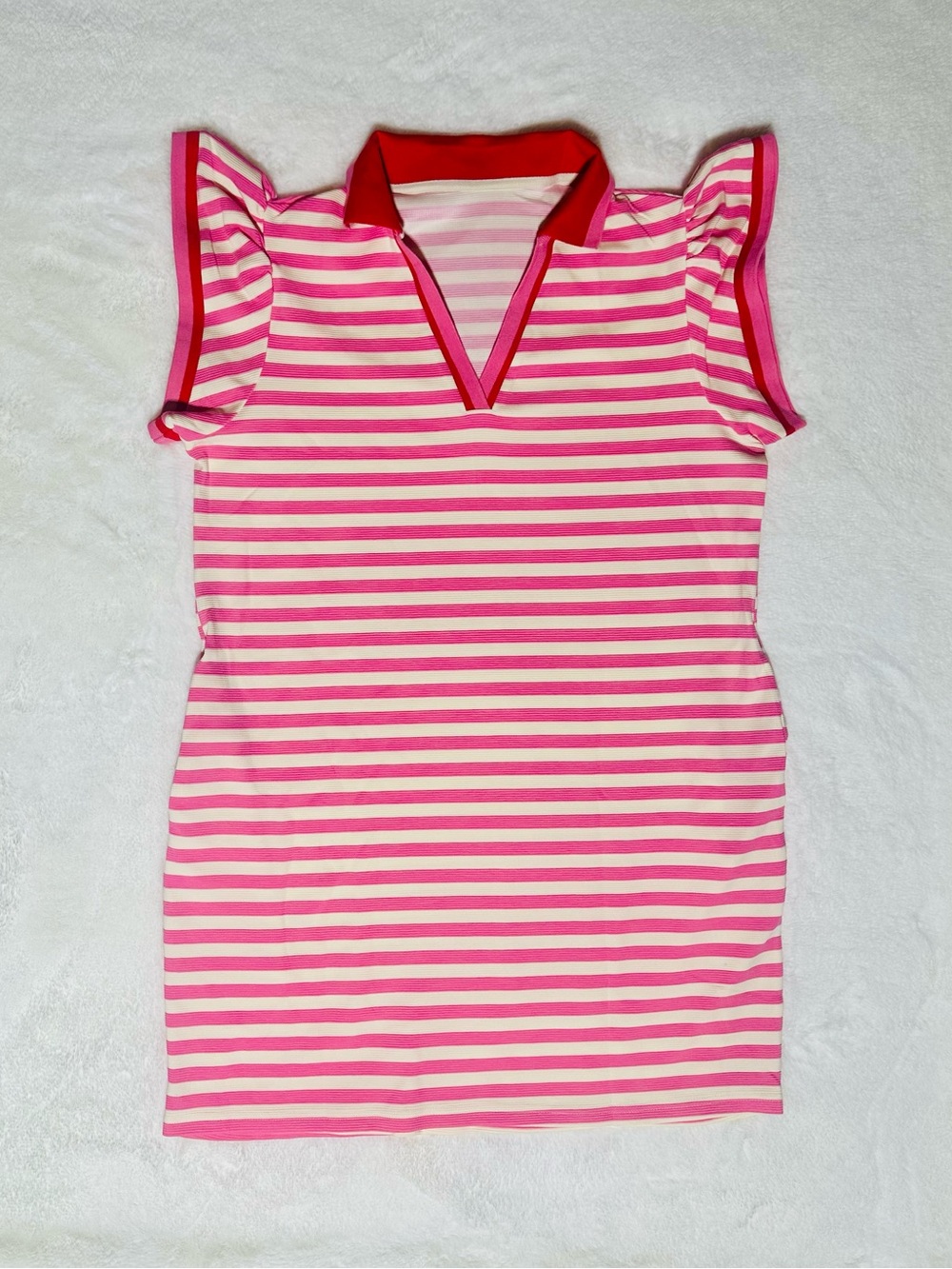 Pink & White Striped Polo Dress with Red Collar
